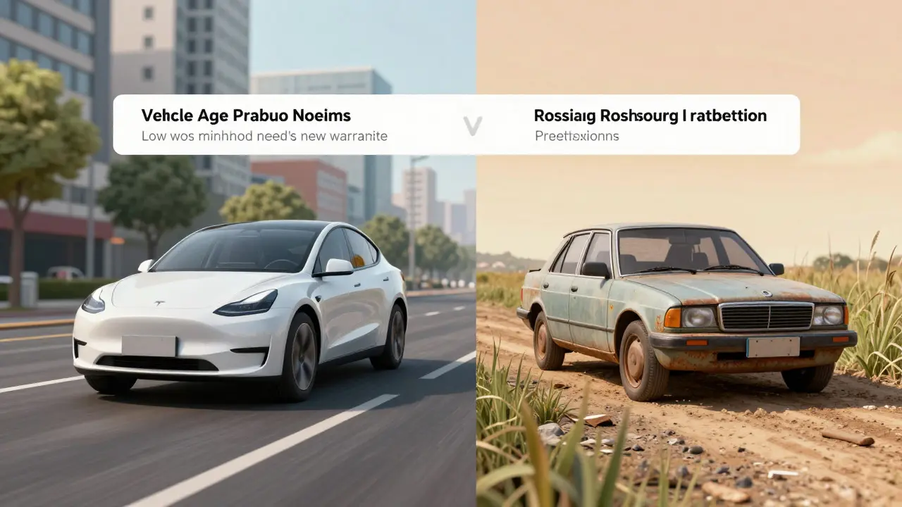 Split view of new EV in city vs old sedan on rural road comparing risk levels