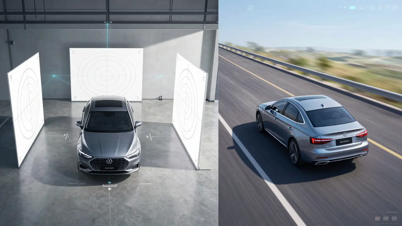 Split view showing a car in a garage for static calibration and on a highway for dynamic calibration