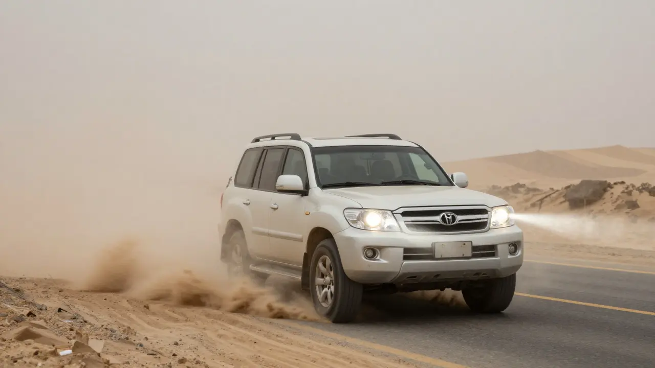 SUV driving through a dense sandstorm on a highway with active wipers