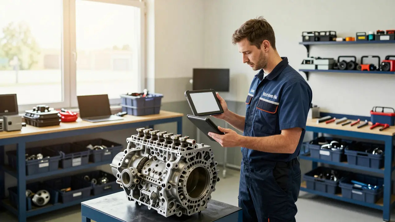 Technician inspecting a transmission unit in a clean, organized specialist workshop