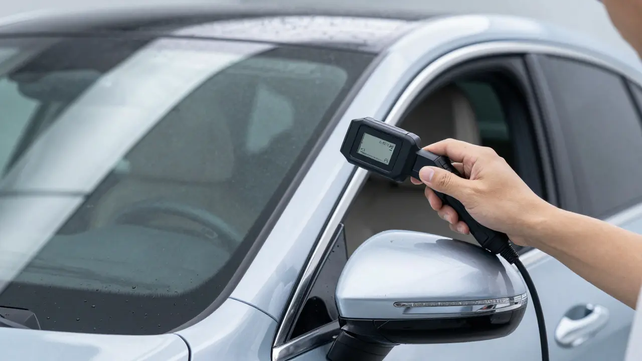 Technician inspecting ADAS sensors on a luxury car windshield
