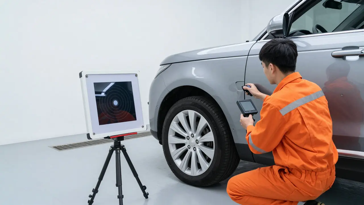 Technician inspecting door gaps and using ADAS calibration equipment in a service bay