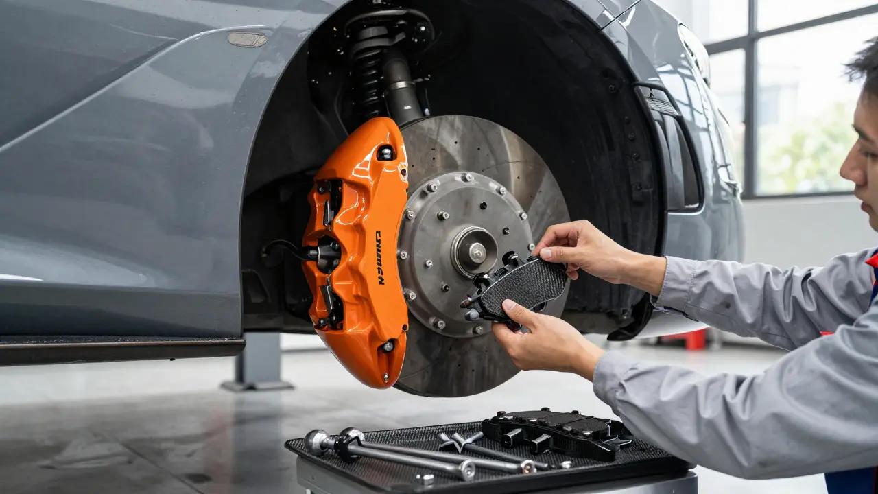 Technician installing new brake pads into a McLaren caliper in a clean professional garage
