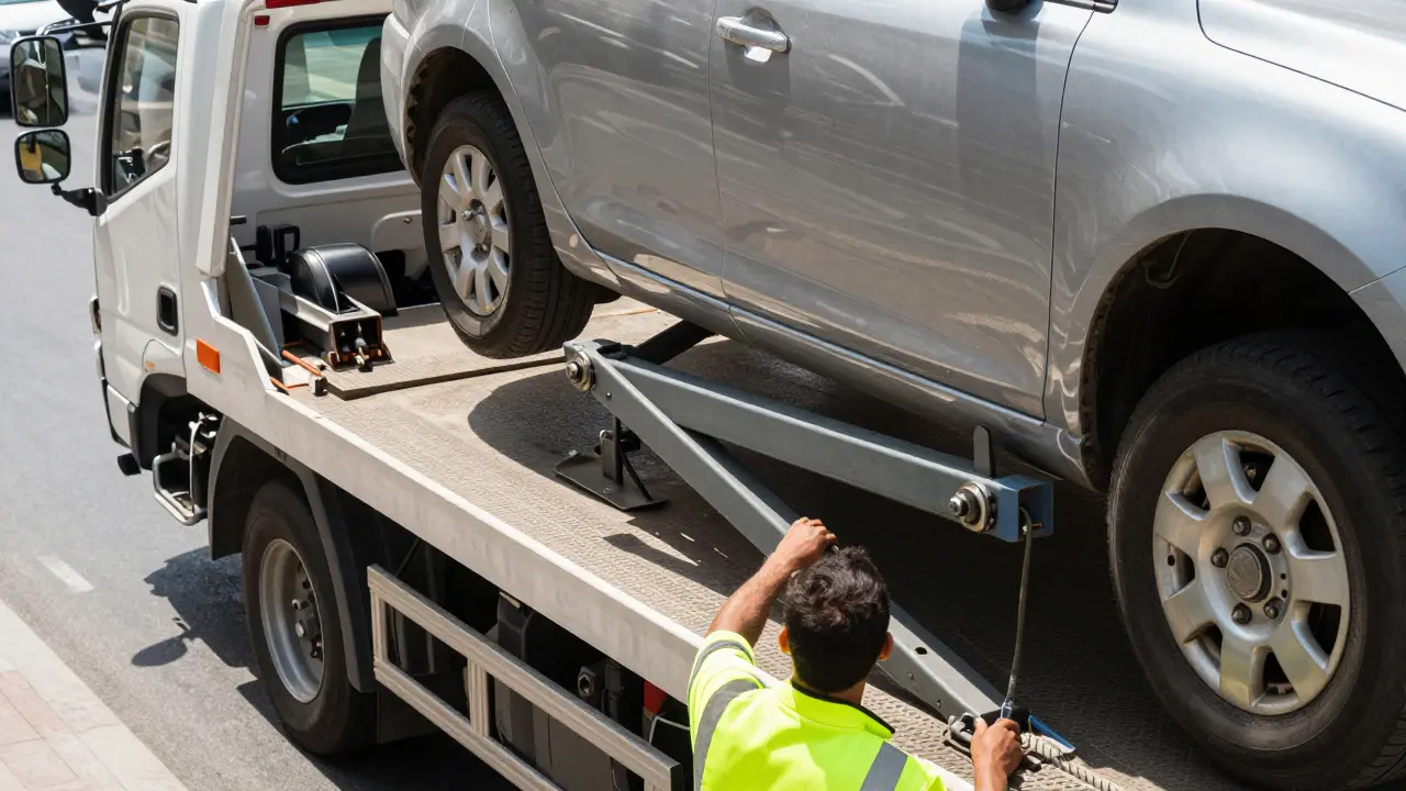 Technician loading car onto flatbed tow truck in urban area