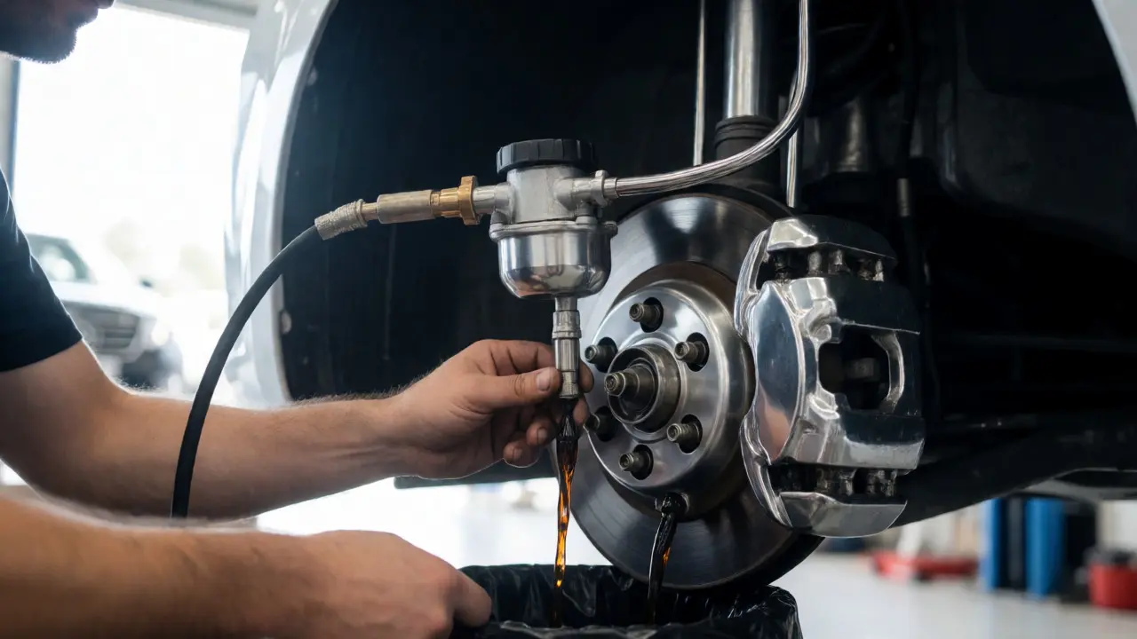 Technician performing brake fluid flush with pressure bleeder and bleeding caliper