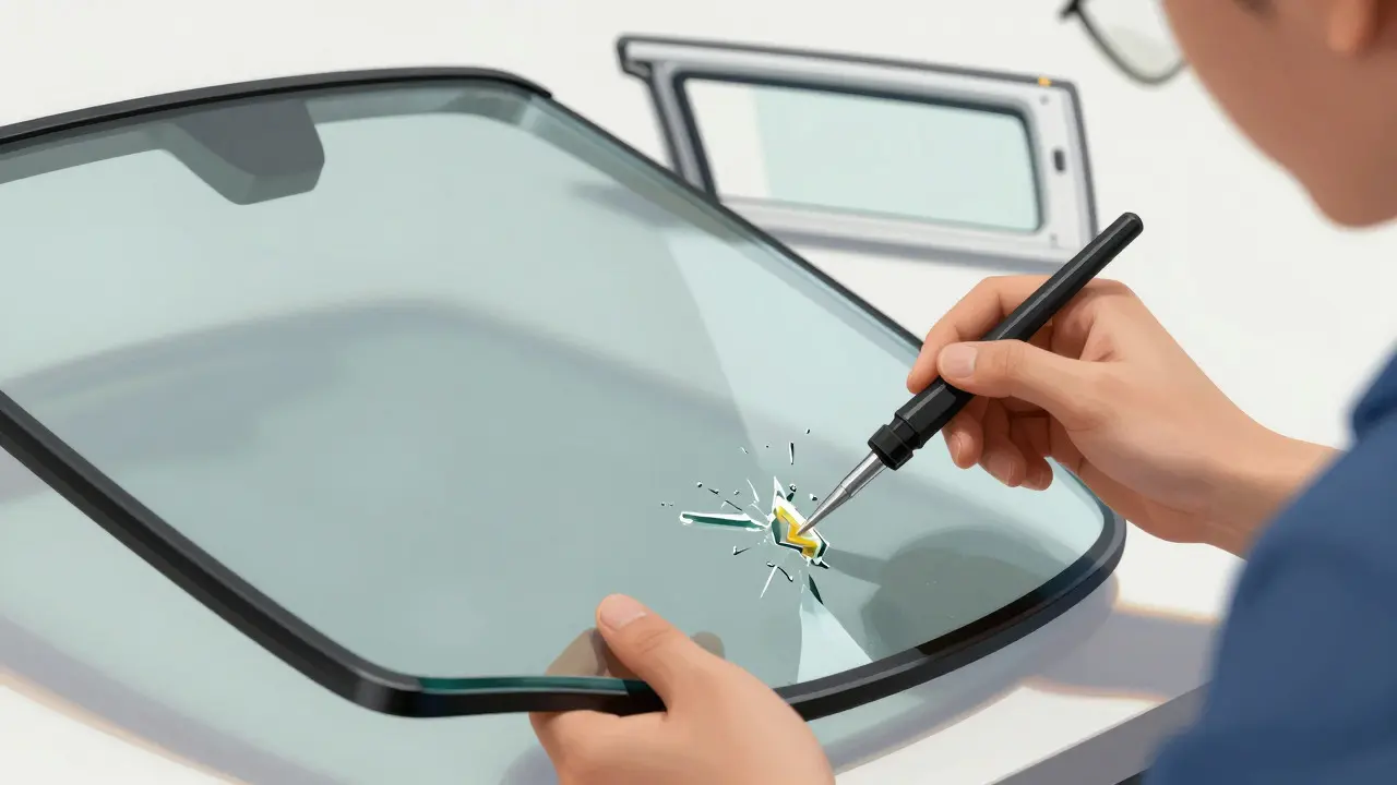 Technician repairing a laminated windshield chip while a broken tempered side window frame sits in the background.