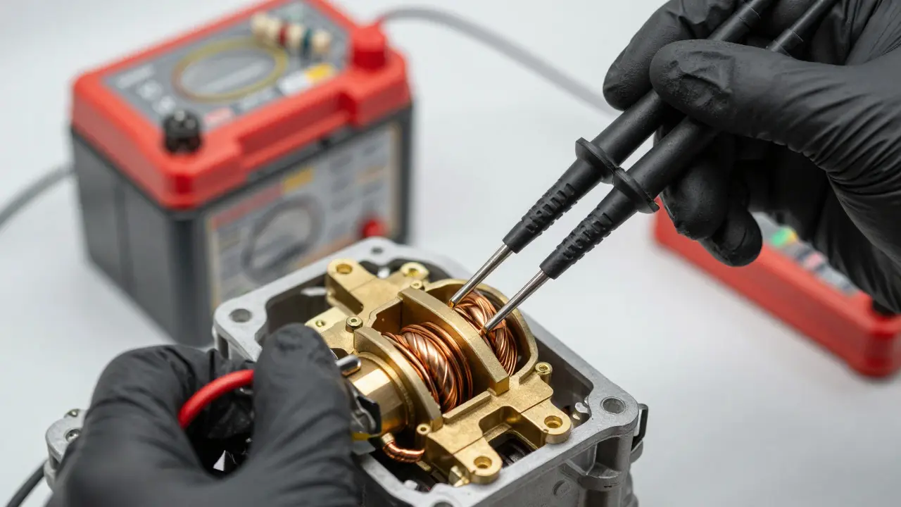 Technician testing a transmission solenoid with a multimeter and battery