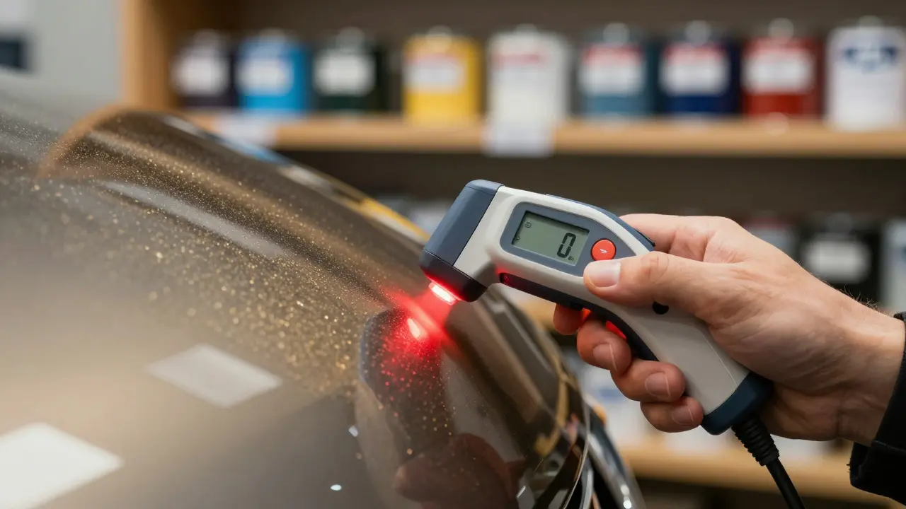 Technician using a digital device to scan and analyze the color of a car's metallic paint panel