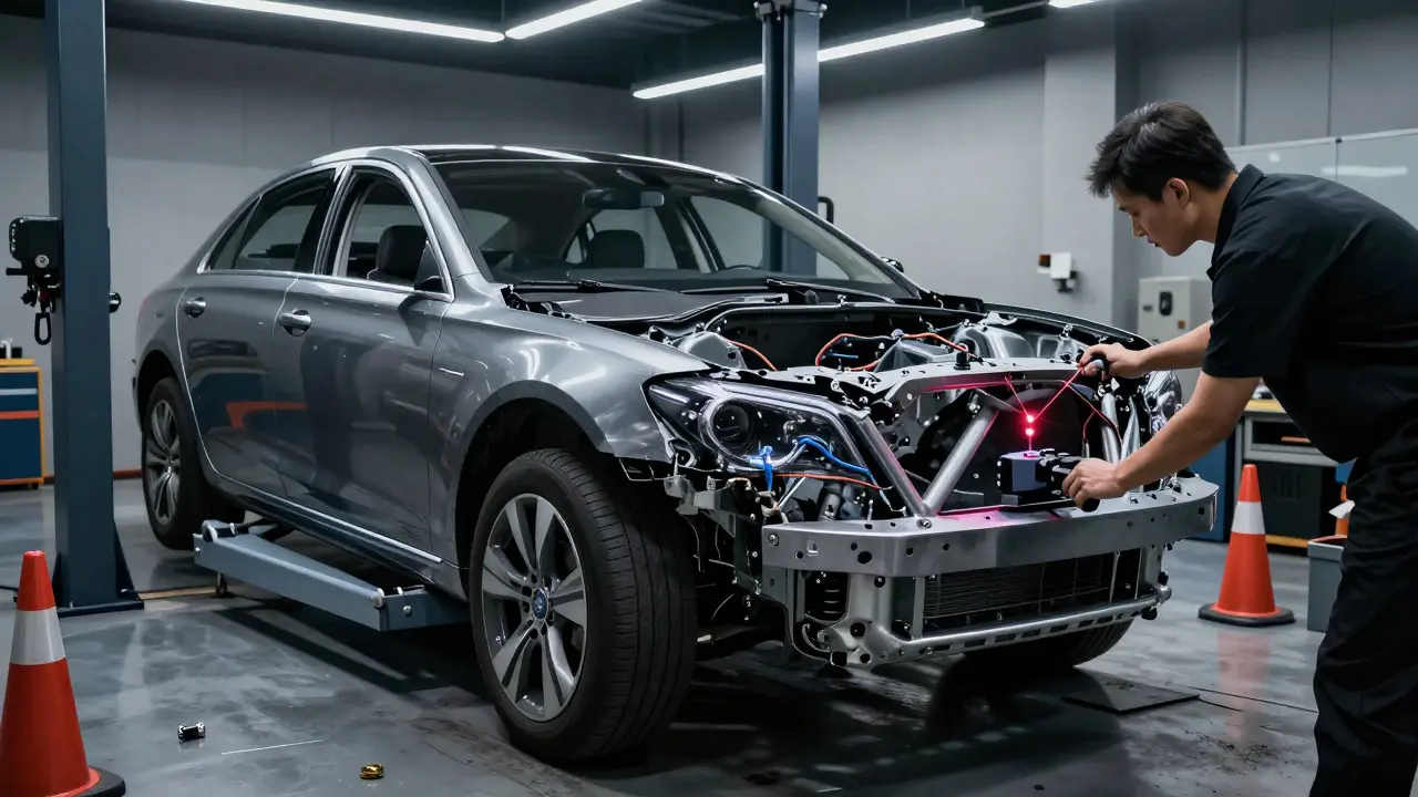 Technician using a laser tool to align a radar unit on a car with a removed front bumper
