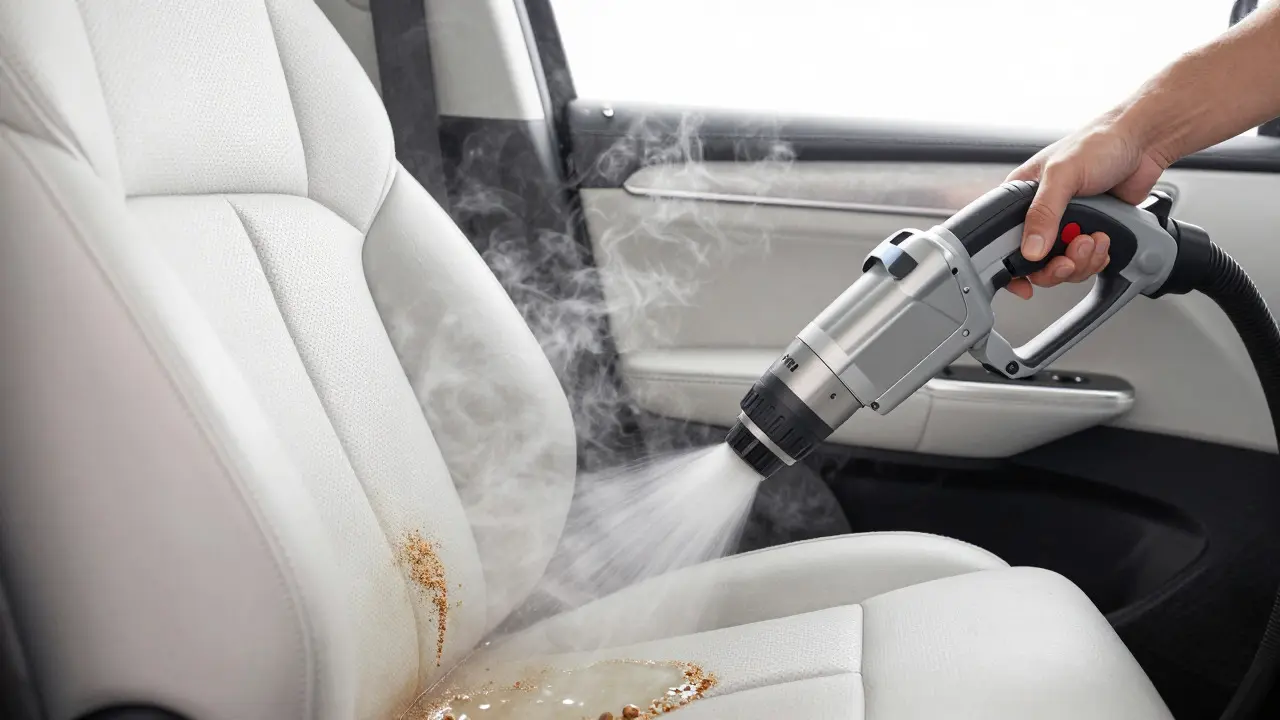 Technician using a professional wet-extraction vacuum on a car seat