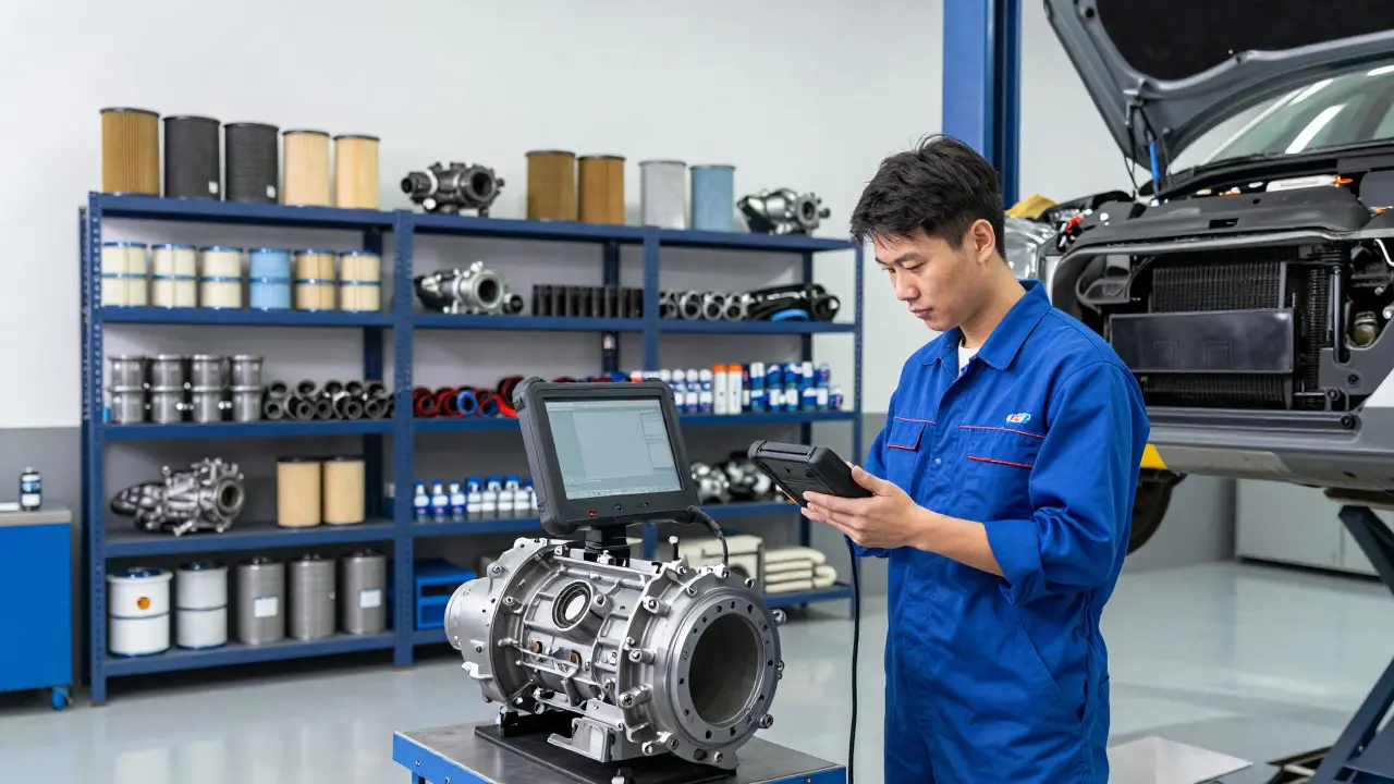 Technician using diagnostic tools in a clean auto repair shop
