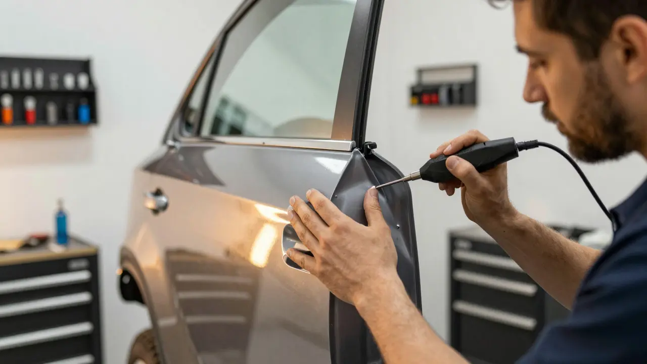 Technician using tools to perform paintless dent repair on a car door panel