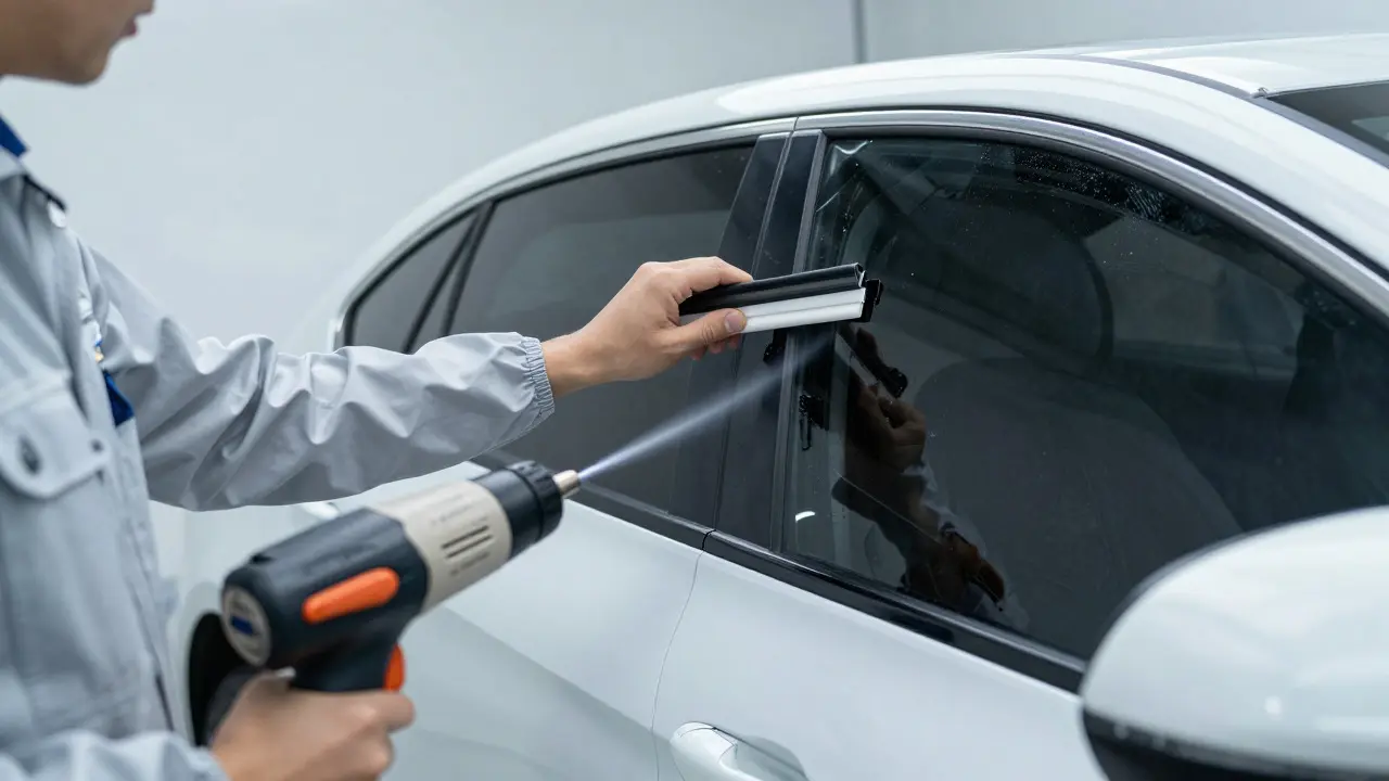 Technician using tools to professionally repair and smooth car window tint in a workshop