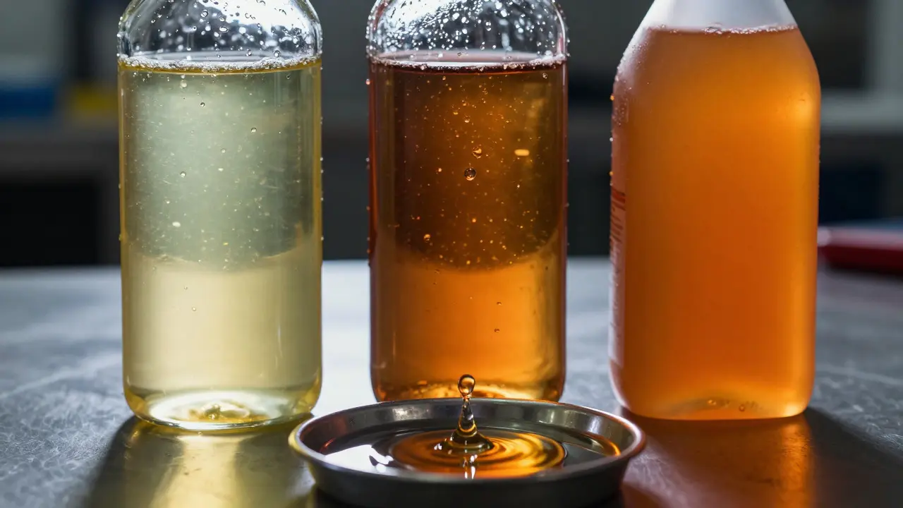 Three bottles of different colored brake fluids on a workbench