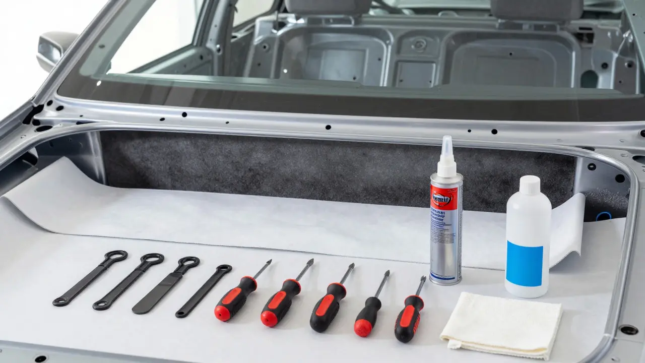 Tools and new headliner materials prepared for a DIY car roof liner replacement
