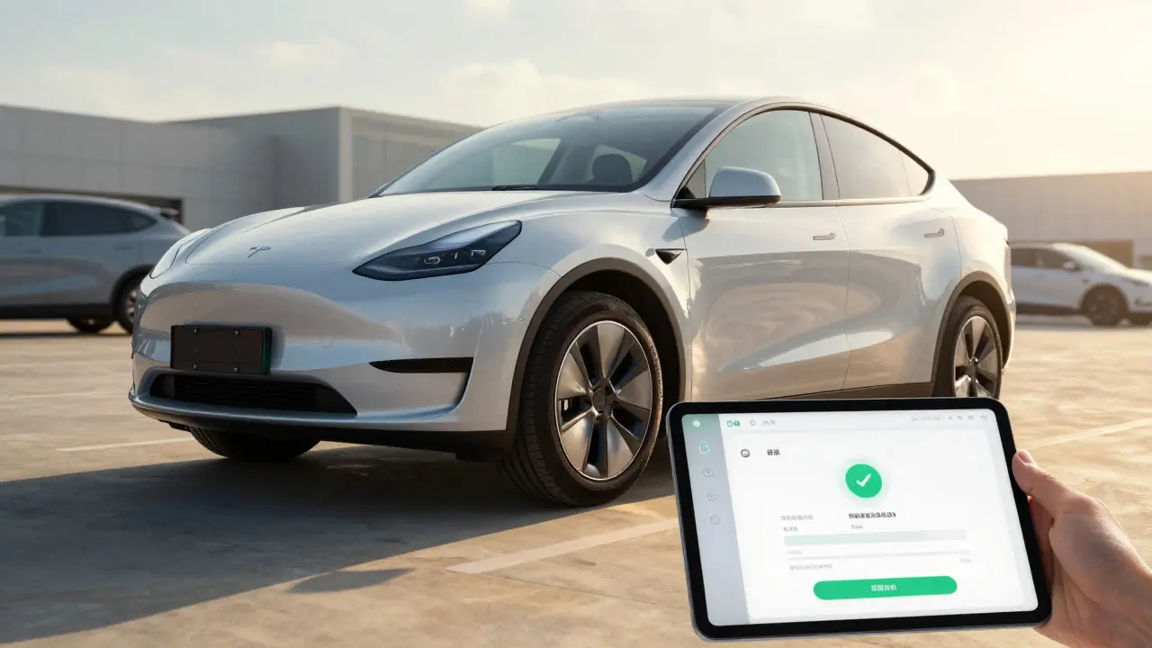 Used electric car in a dealership lot with a person checking warranty status