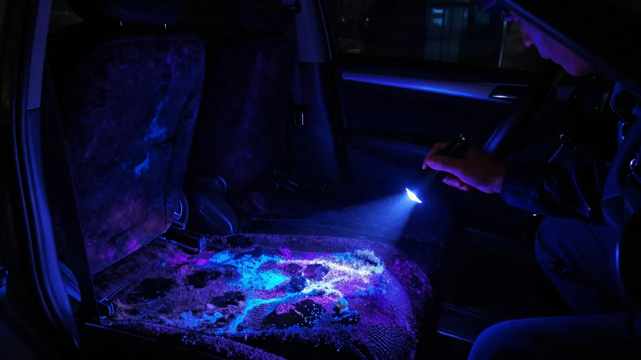 UV light revealing glowing blue water stains and mold on a car's carpet and seats during an inspection.