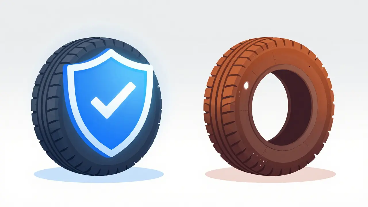 Vector illustration comparing tire protection against external hazards versus internal defects