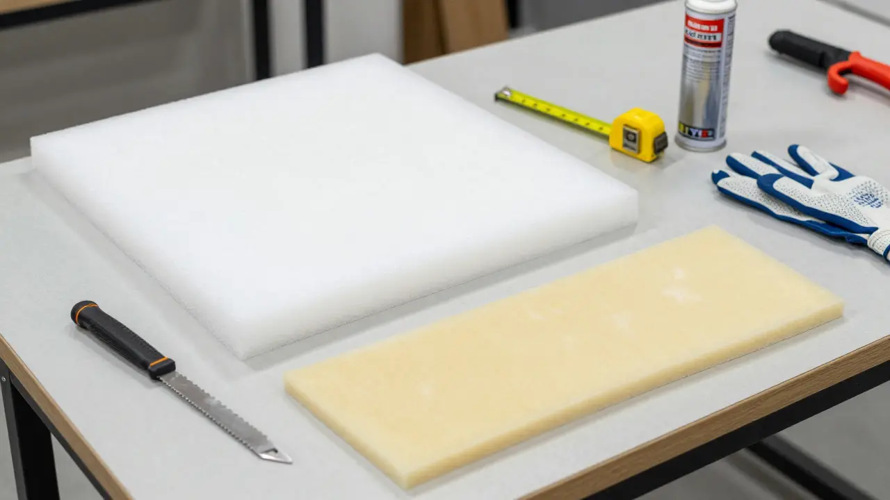 Workshop setup with new foam sheets, old template, and cutting tools