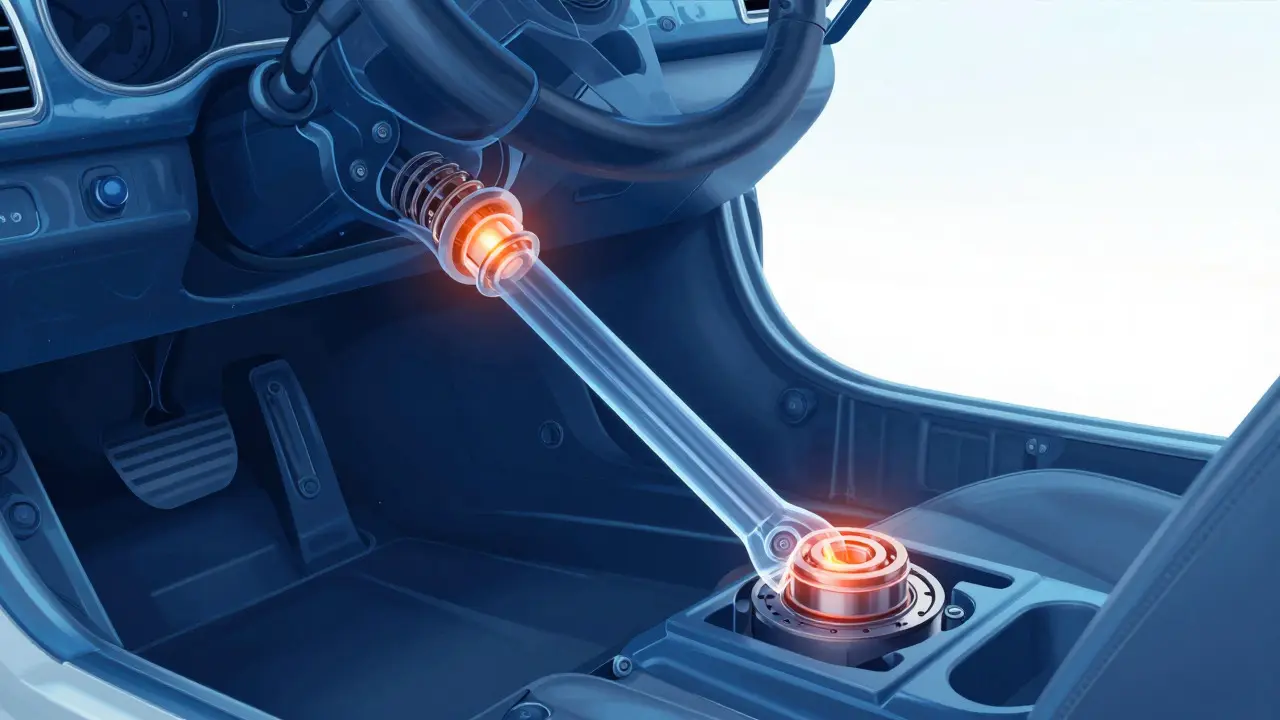 X-ray style illustration showing internal bearings and clock spring within a car's steering column