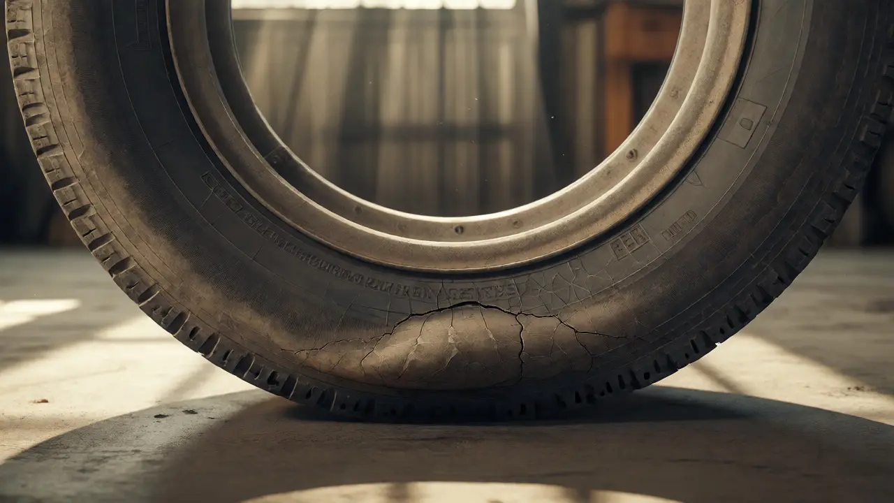 Aged tire with dry rot cracks and sidewall bulge