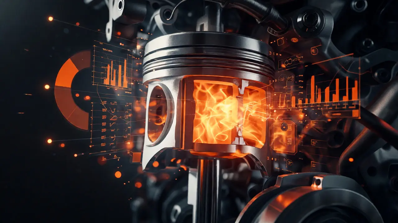 Artistic visualization of engine combustion with digital data overlays