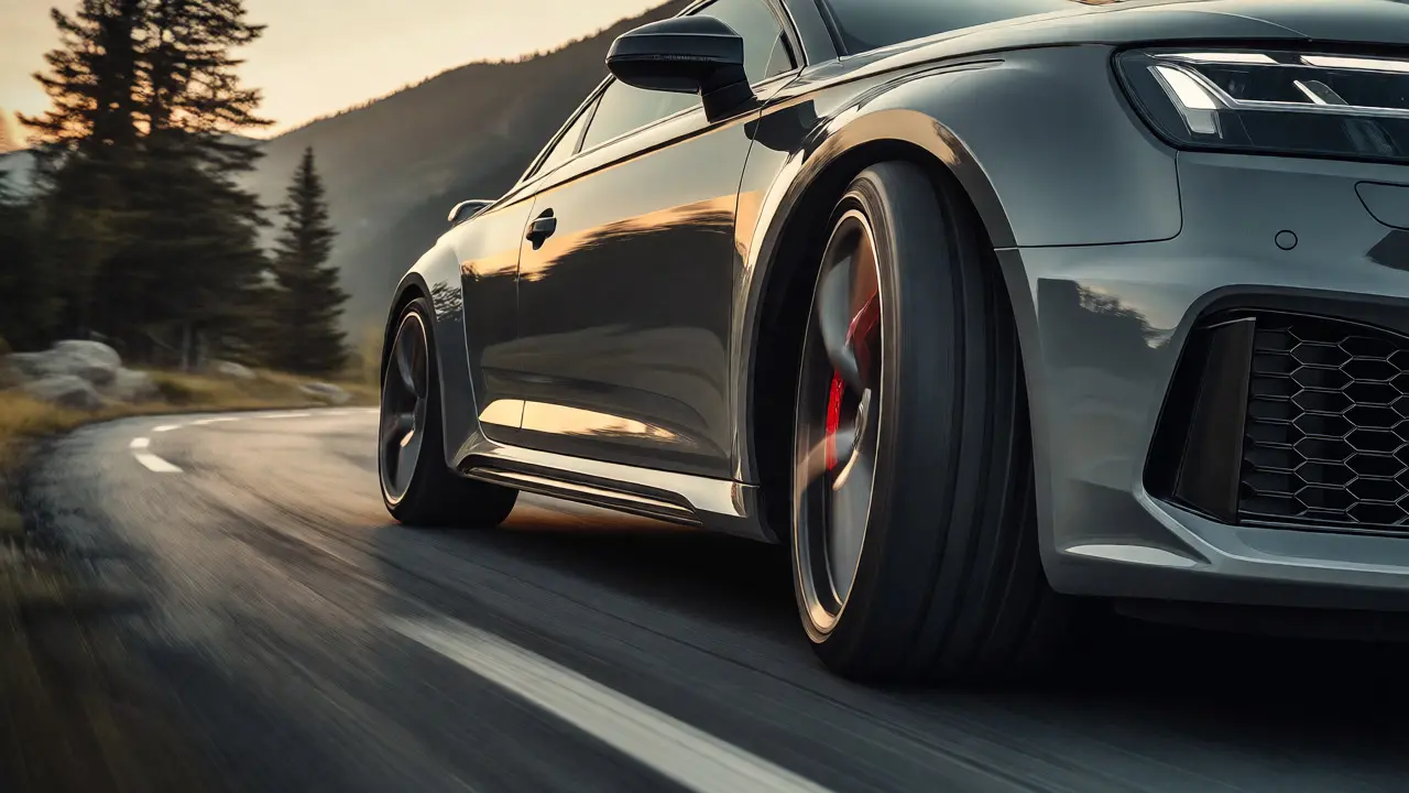 Audi RS cornering dynamically on a winding road at sunset