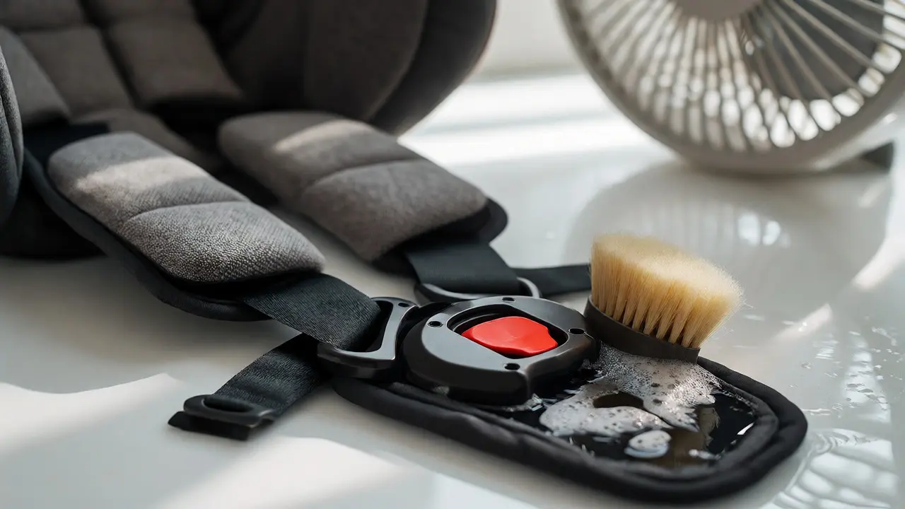 Baby car seat disassembly and gentle strap scrubbing