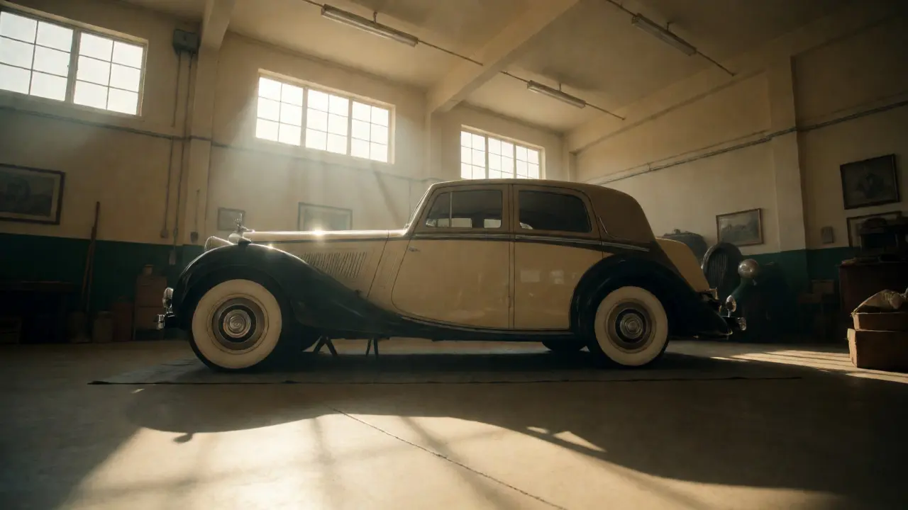 Classic luxury sedan with whitewalls stored in a sunlit garage