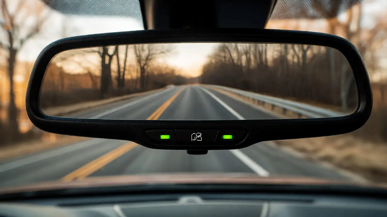 Clear rearview mirror reflection showing working defogger system