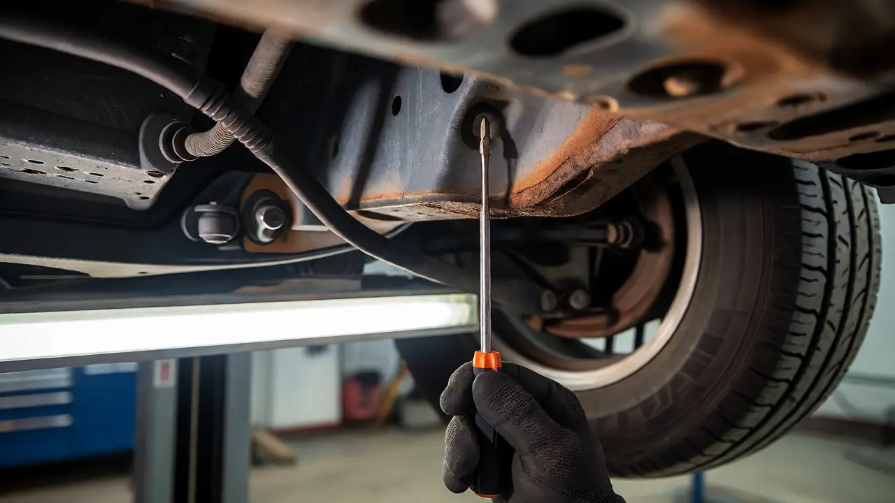 Close-up of a mechanic probing rust on a classic car's frame during inspection.