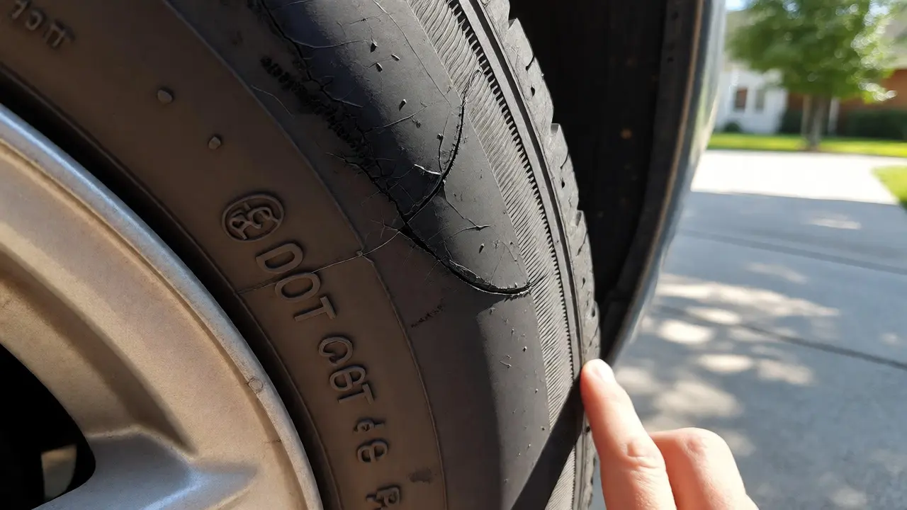 Close-up of dry rot cracks and DOT code on tire sidewall
