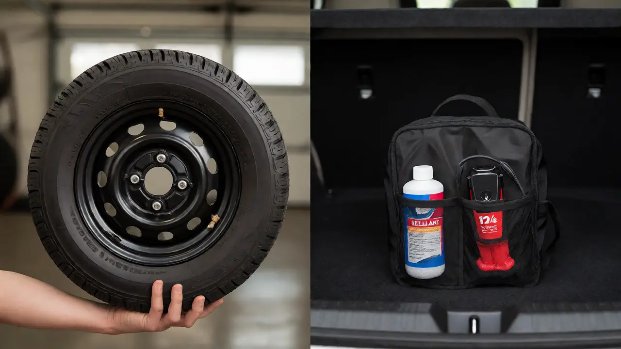 Comparison of a bulky donut spare tire versus a compact sealant kit in a trunk.
