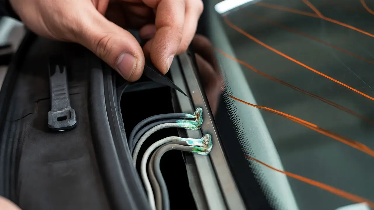 Corroded bus bar connections on car rear window edge