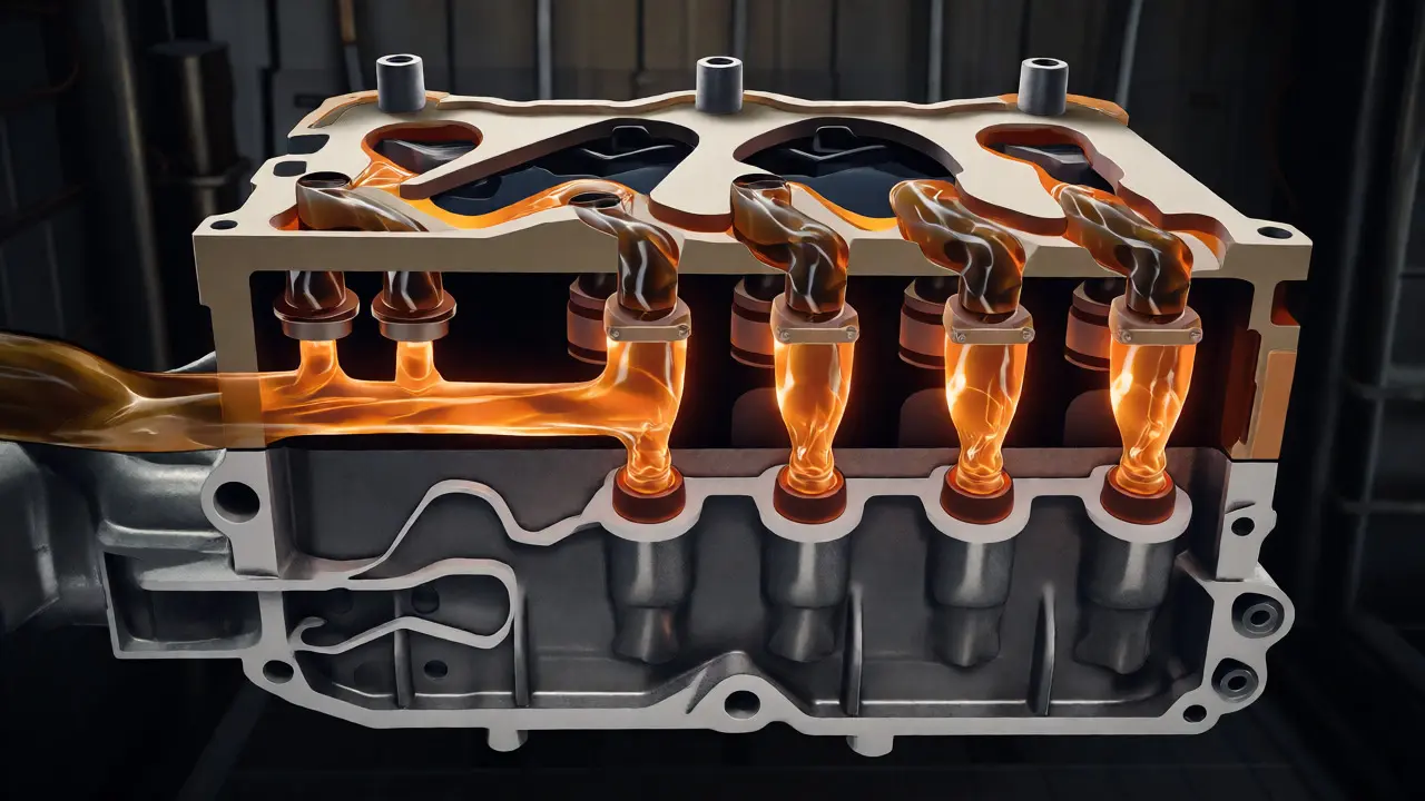 Cross-section illustration of hydraulic fluid flow through a transmission valve body assembly.