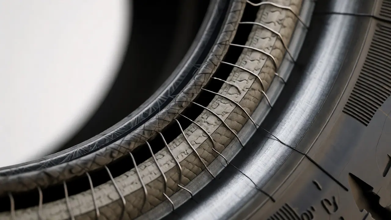 Cross-section view of tire showing broken internal sidewall cords