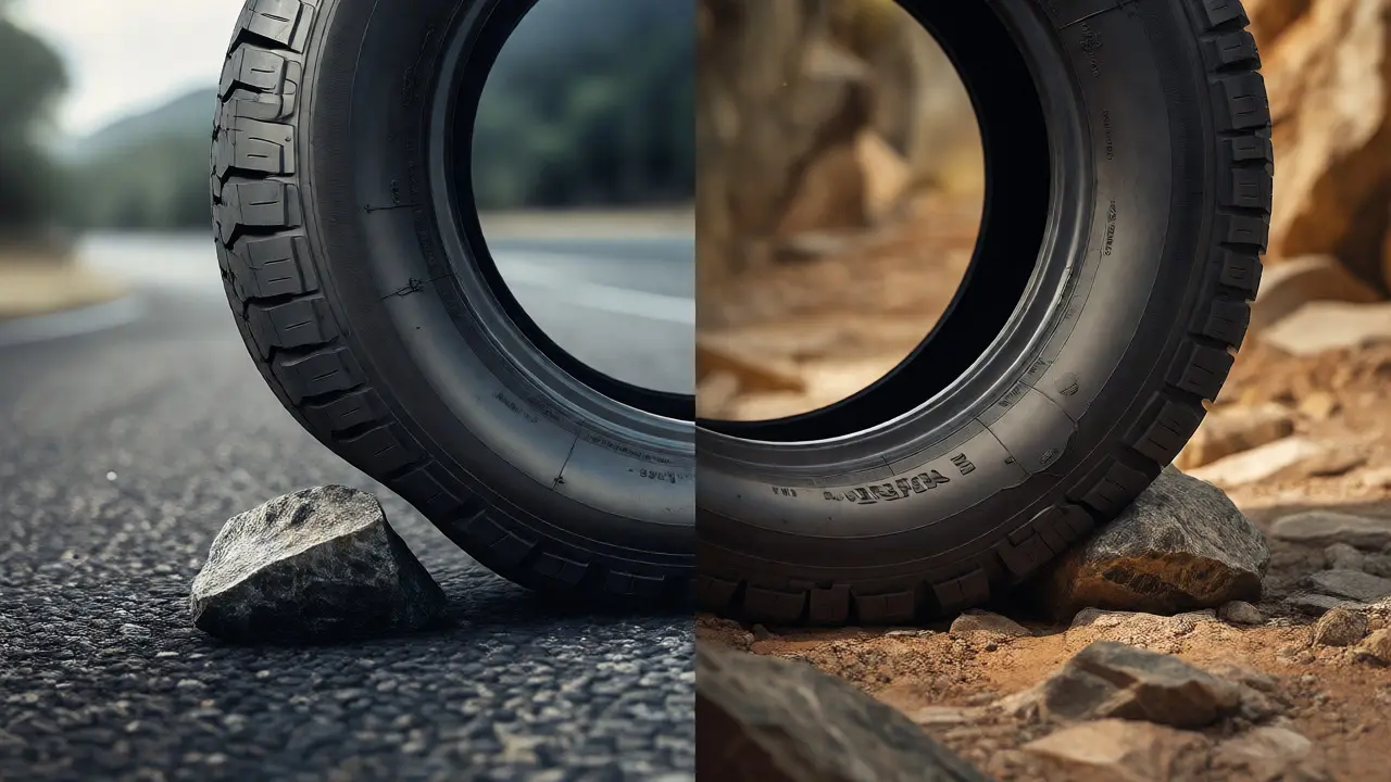 Diagram comparing high and low tire pressure effects on rocks