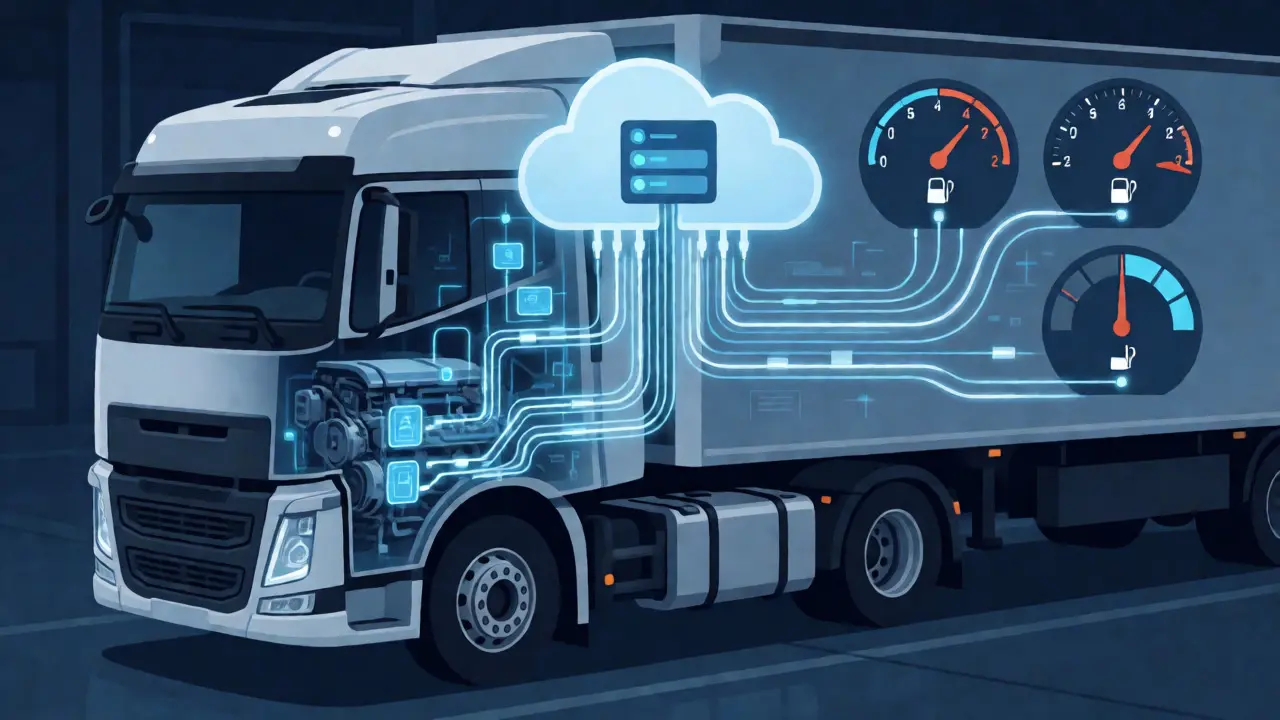 Diagram showing telematics data flowing from truck sensors to cloud