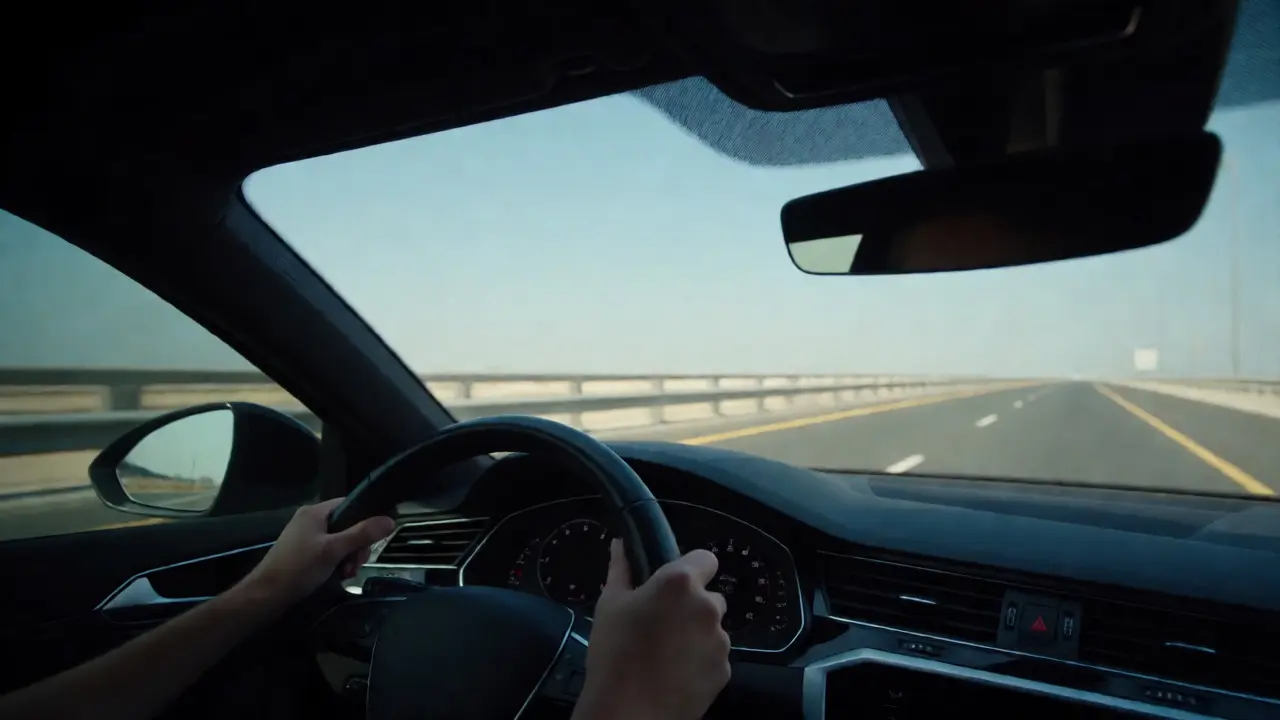 Driver gripping a crooked steering wheel while driving straight on a highway.