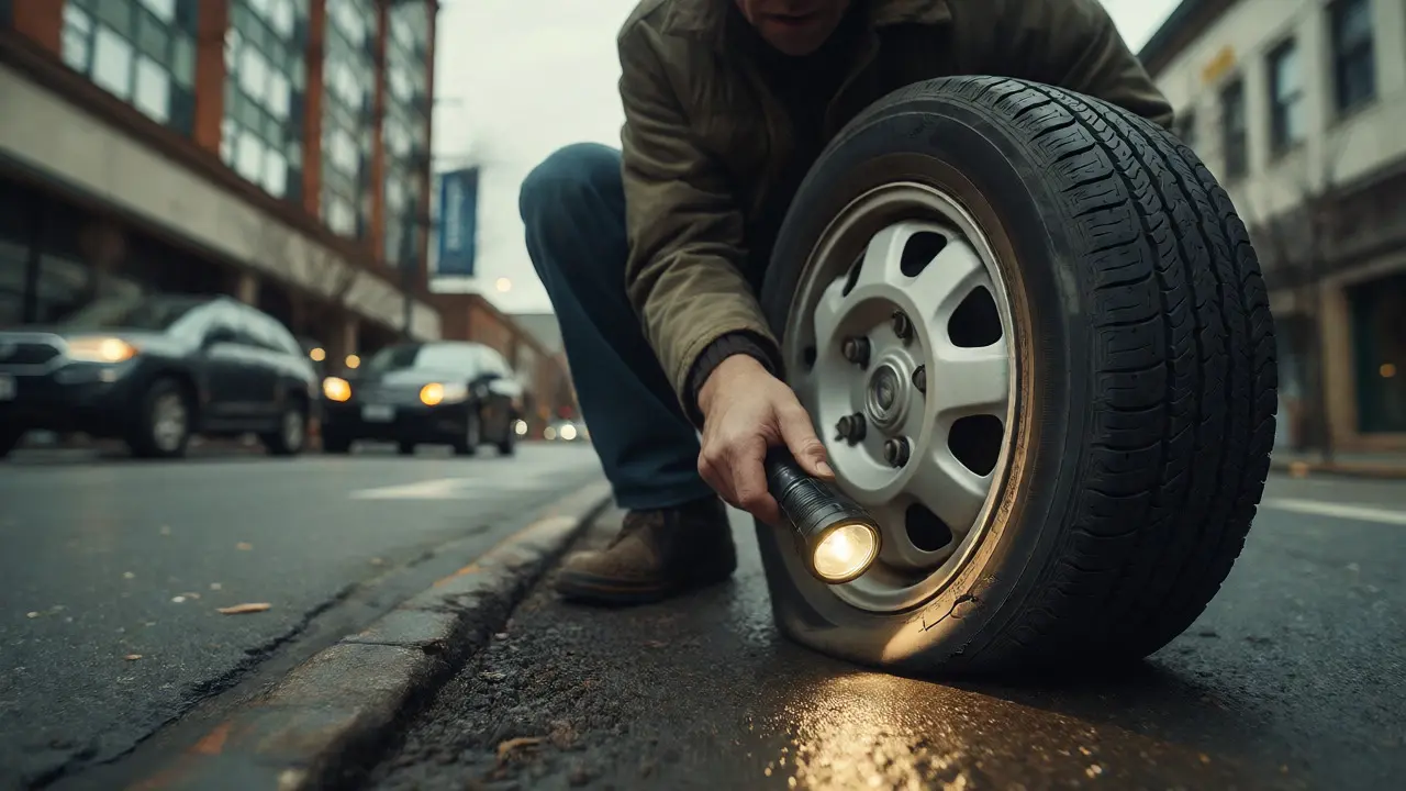 Driver inspecting tire sidewall with a flashlight on roadside