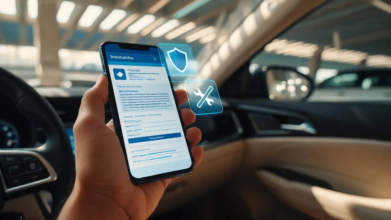 Hand holding phone with digital car insurance policy inside a parked car