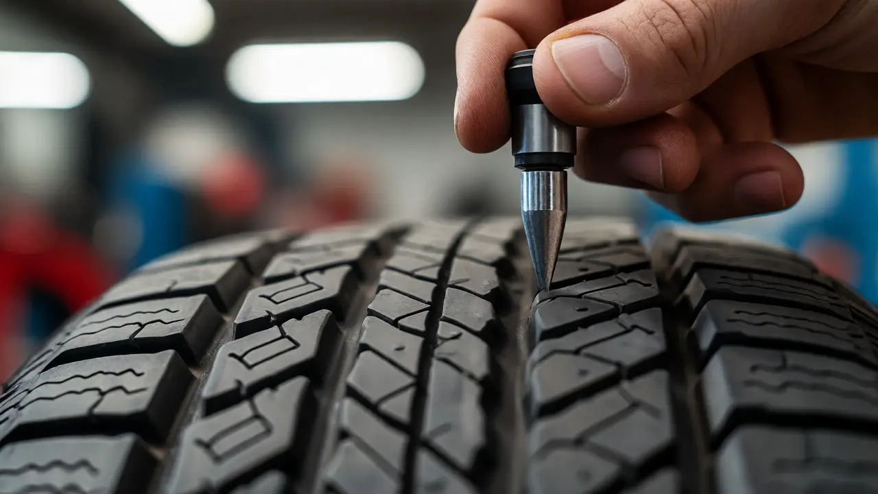 Hand using a tread depth gauge to measure tire wear