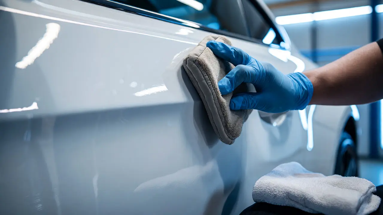 Hand using clay bar on a smooth, clean car door panel