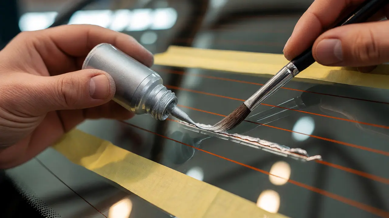 Hands applying silver conductive paint to broken defogger line