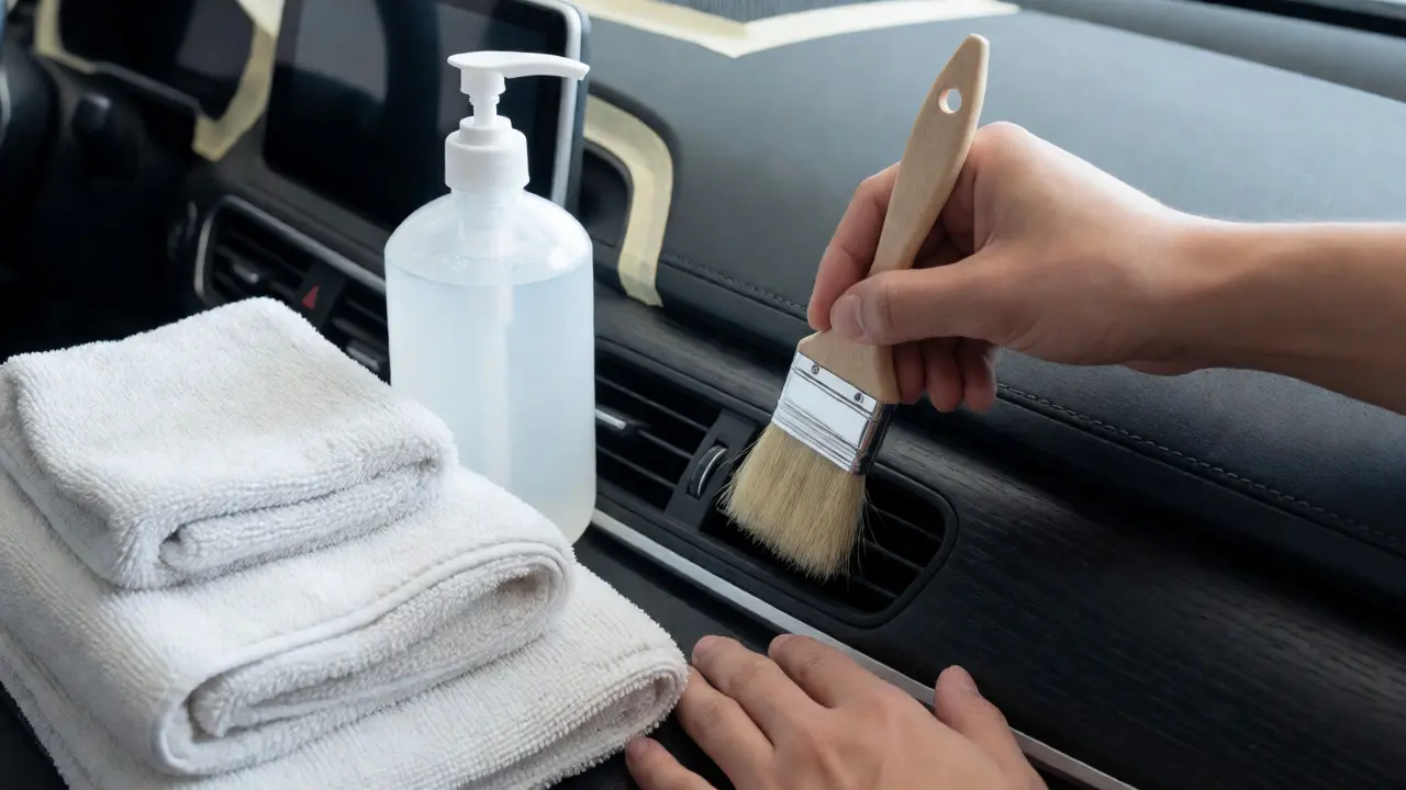 Hands using a soft brush to clean textured car dashboard vents