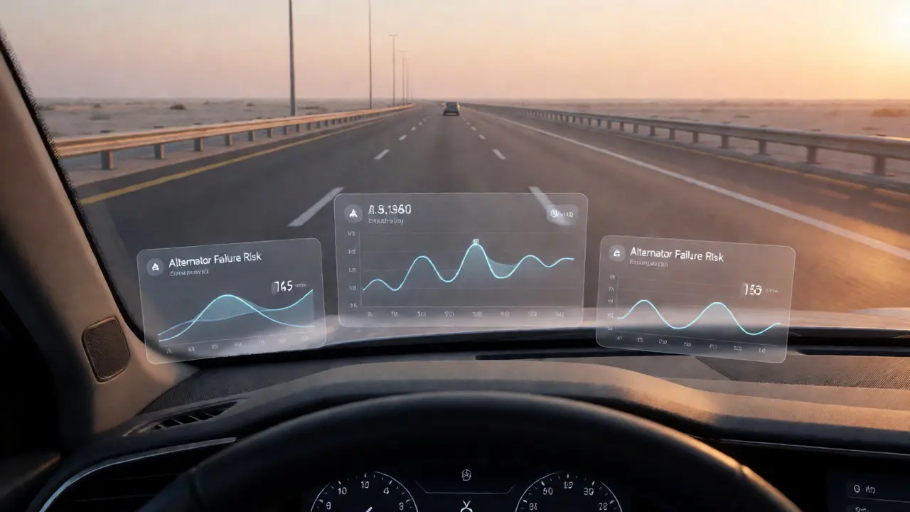 Holographic dashboard overlays showing predictive vehicle analytics