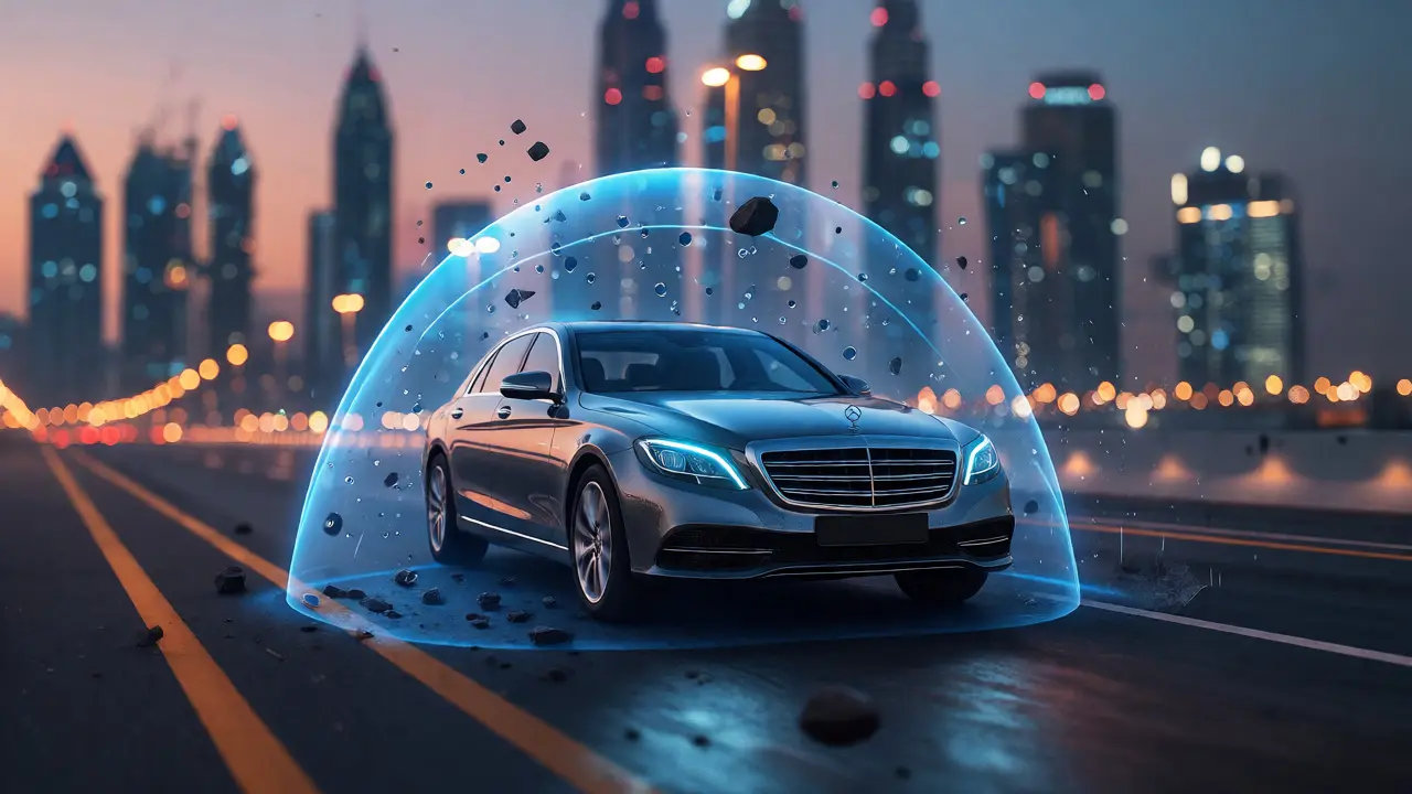 Luxury sedan protected by a glowing shield on a highway at dusk.