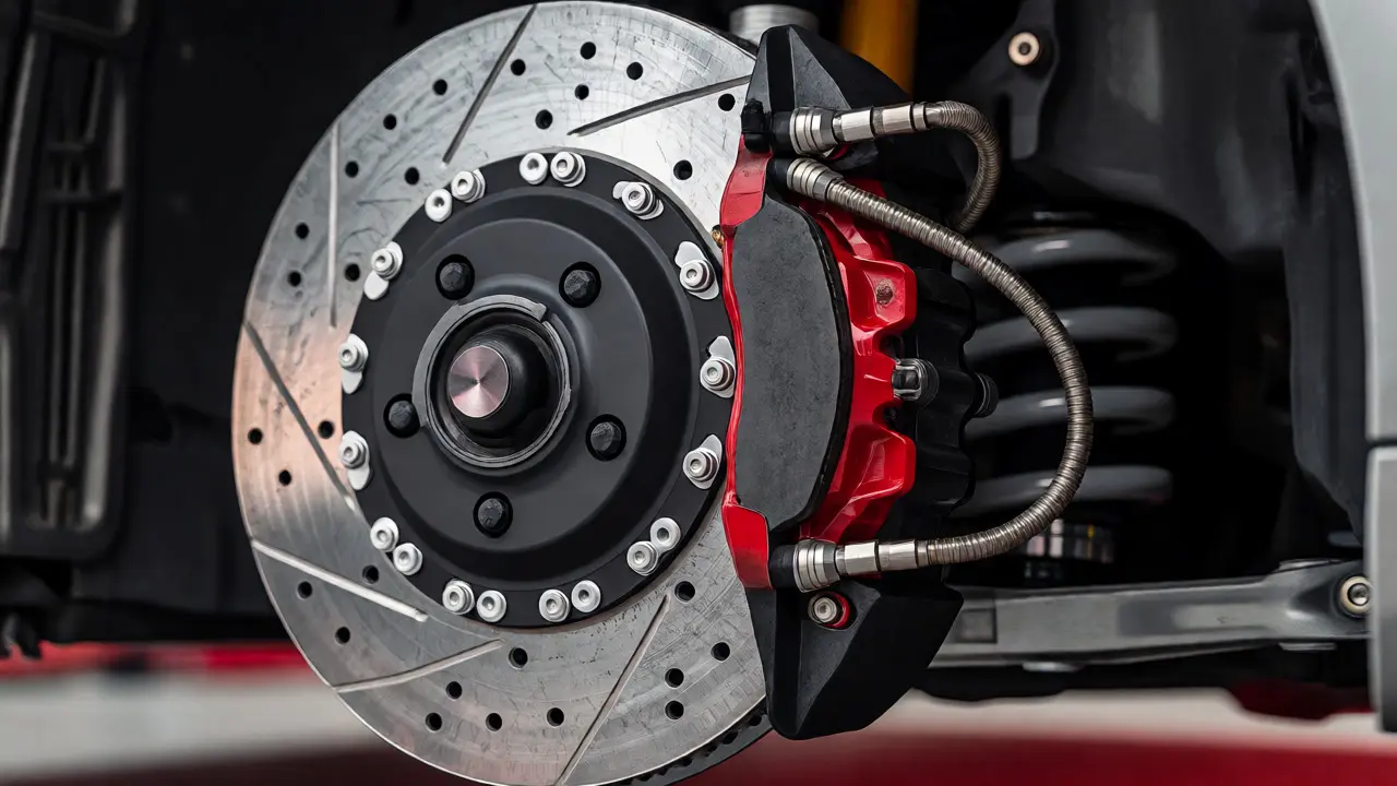 Macro shot of Audi RS big brake kit with slotted rotors and braided lines