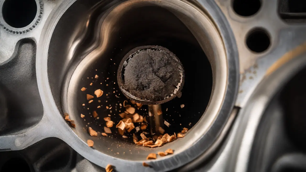 Macro shot of carbon-covered intake valves being cleaned via walnut blasting process.