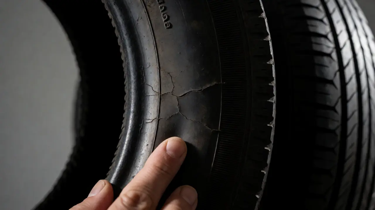 Macro view of cracked and dry-rotted rubber on an old bias-ply tire sidewall